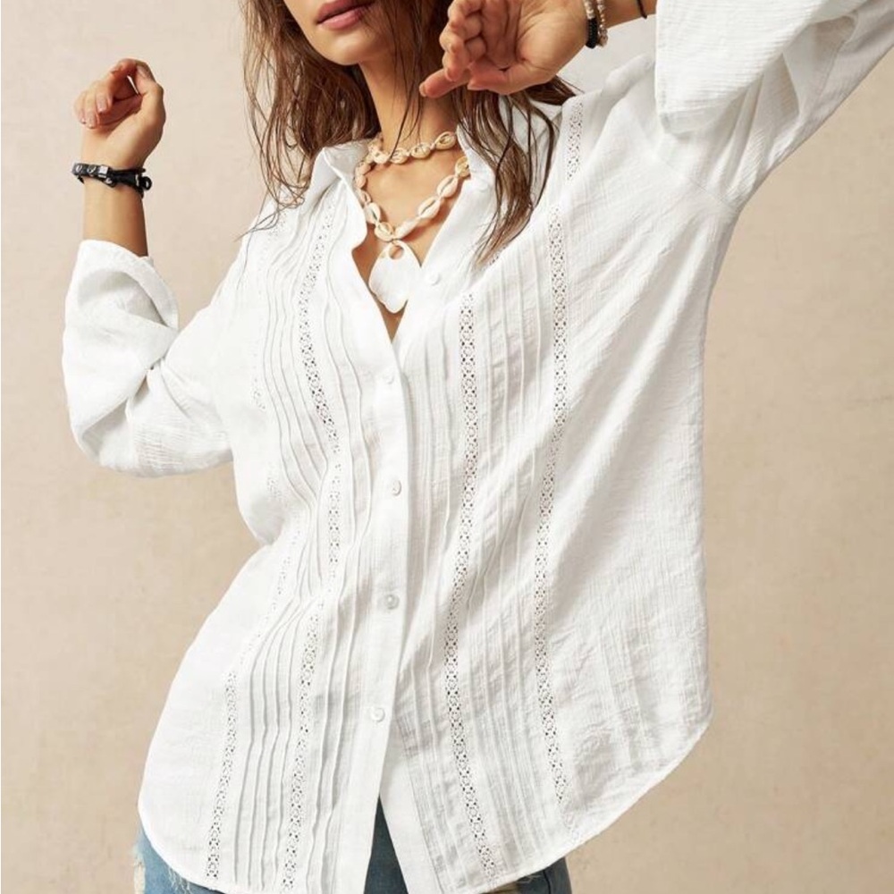 White Relaxed 3/4 Sleeve Button Down Shirt